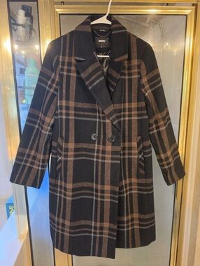 DKNY Black & Brown Plaid Double-Breasted Pea Coat